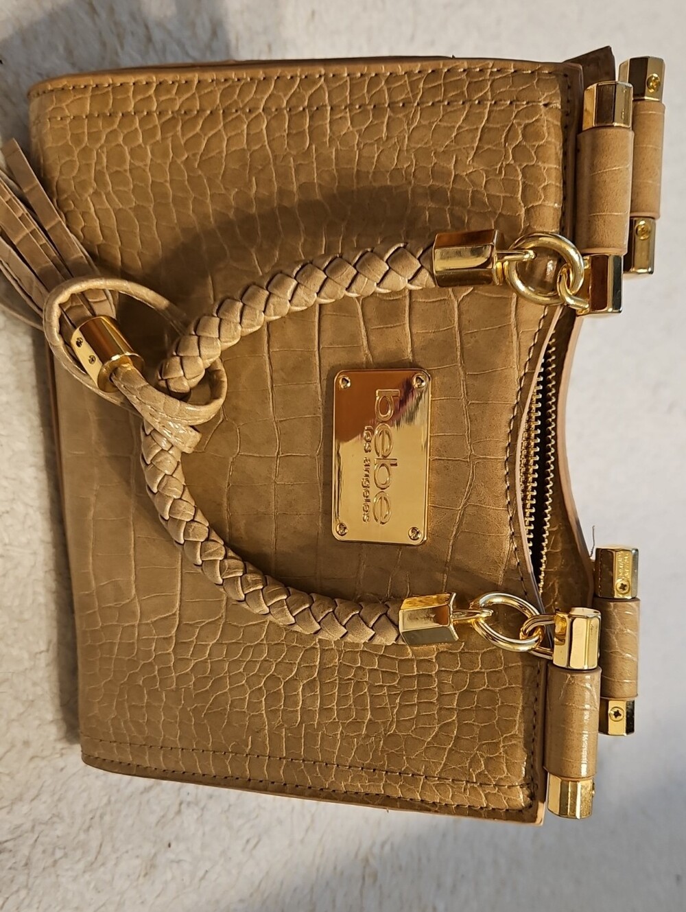 bebe Croc-Embossed Tan Satchel with Braided Handle & Gold Hardware (Mini Bag)